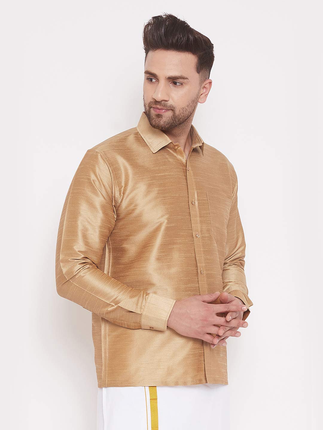 VASTRAMAY Men Rose Gold Ethnic Silk Blend Shirt - Image 2