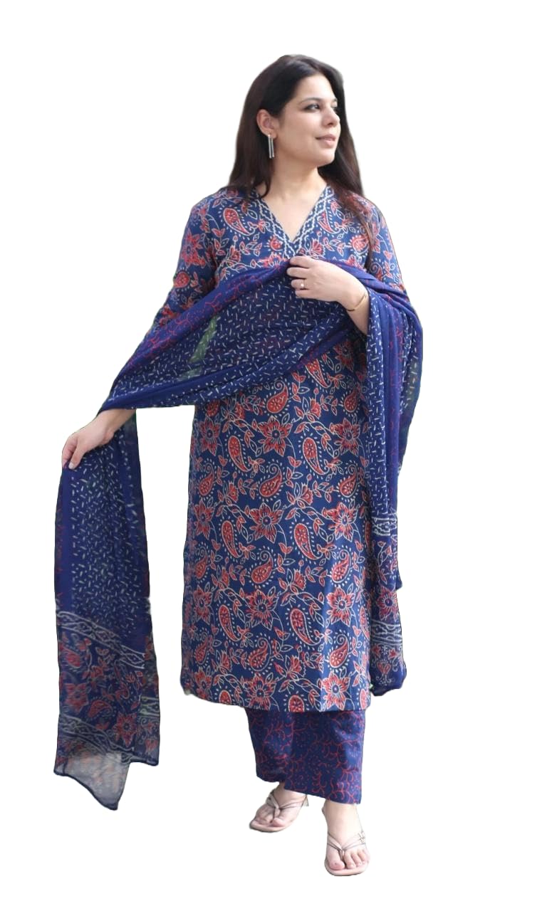 MEERA FAB Blue Cotton Floral Kurta Set for Women