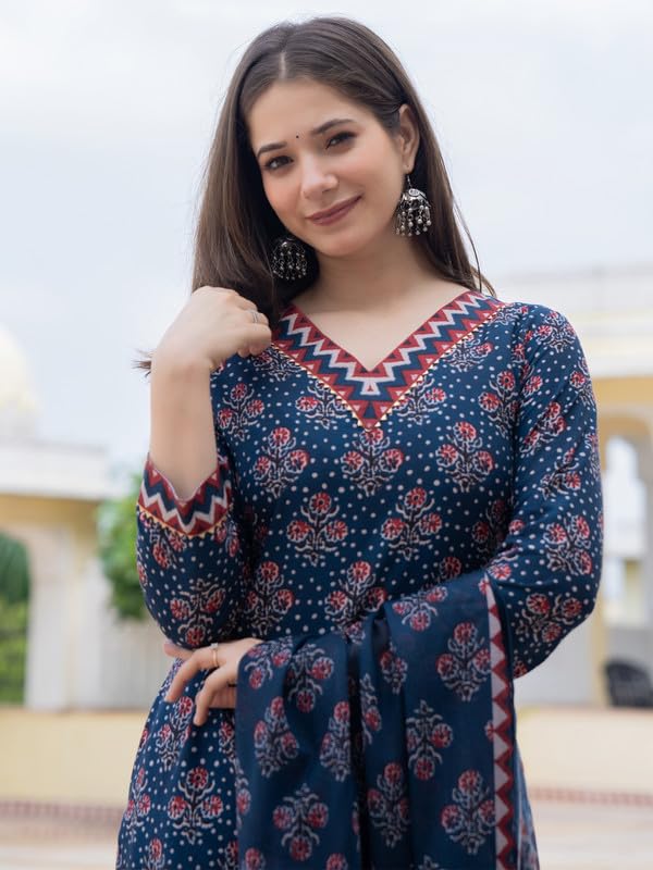 Vaamsi Women's Floral Kurta Pant Set - Navy Blue - Image 2