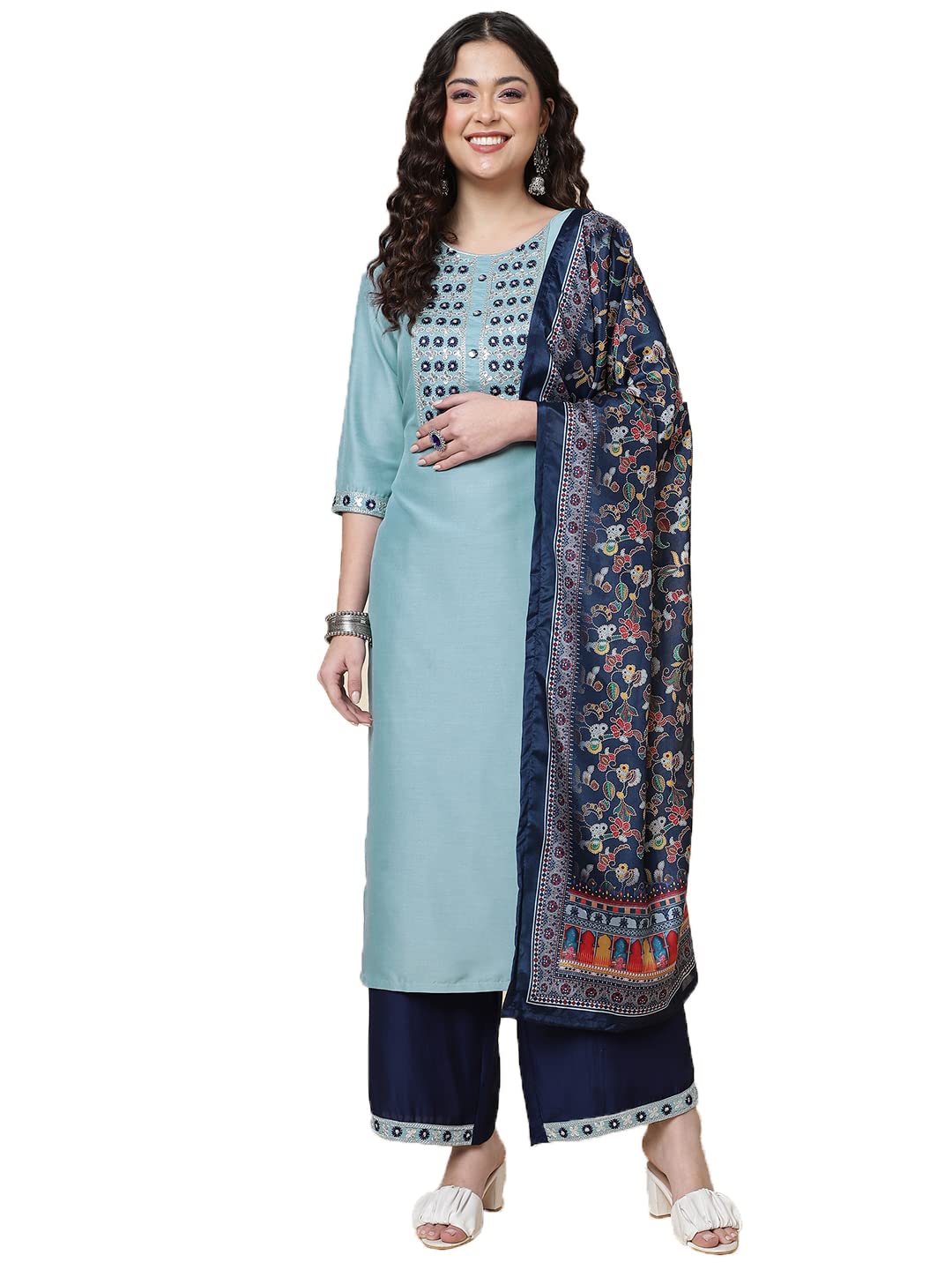 Shiv Textiles Silk Embroidered Kurta Set for Women - Sky Blue
