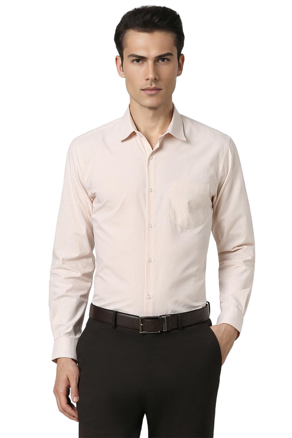Peter England Men's Formal Shirt - Beige Striped
