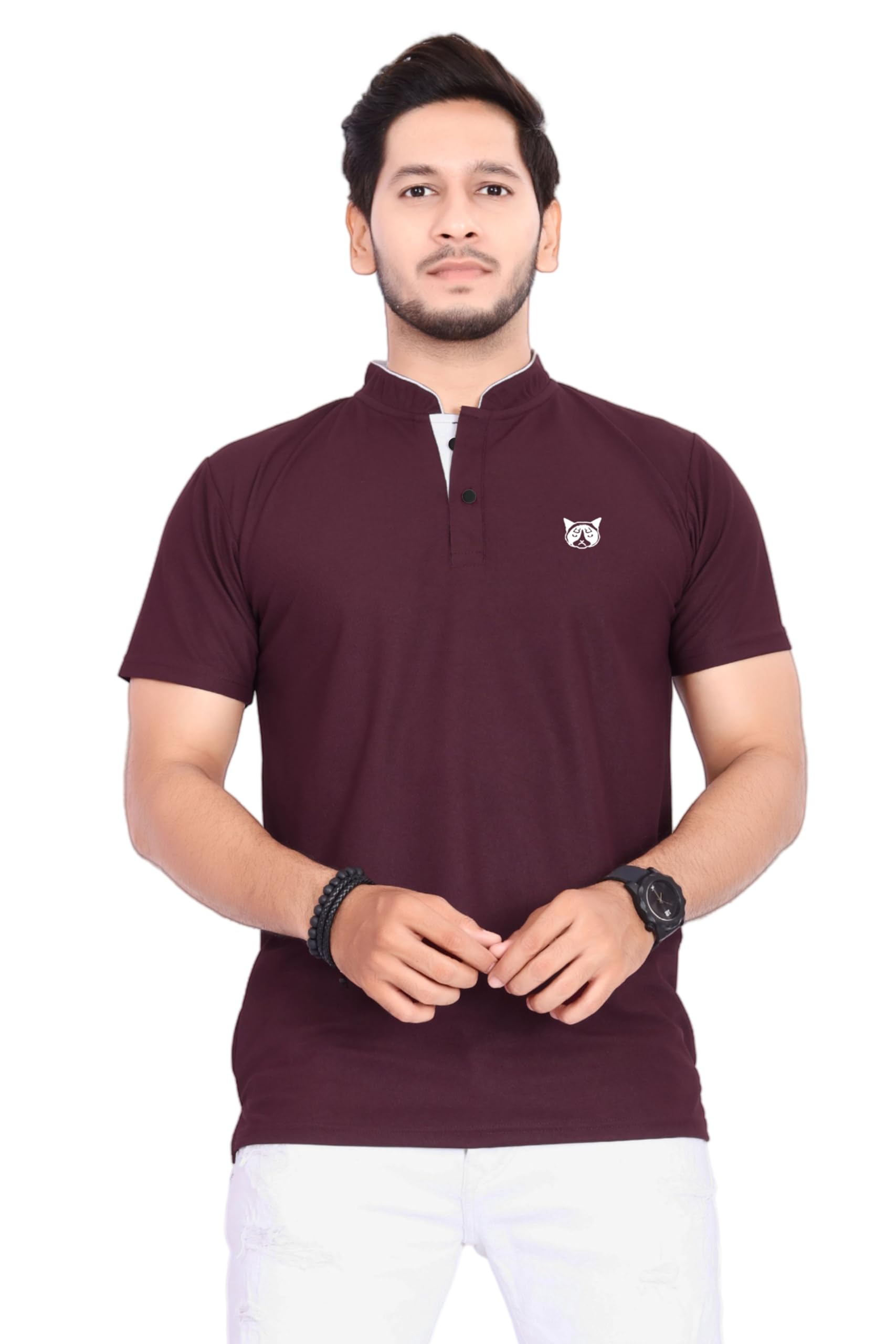 BAGHADBILLO Men's Mandarin Collar Polo T-Shirt - Wine