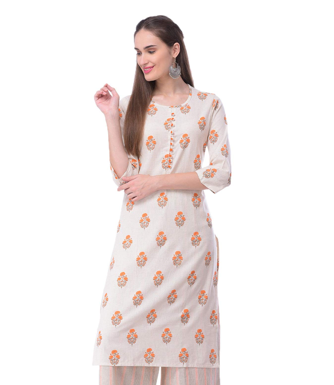 Pistaa Orange Printed Cotton Kurta for Women - Image 4
