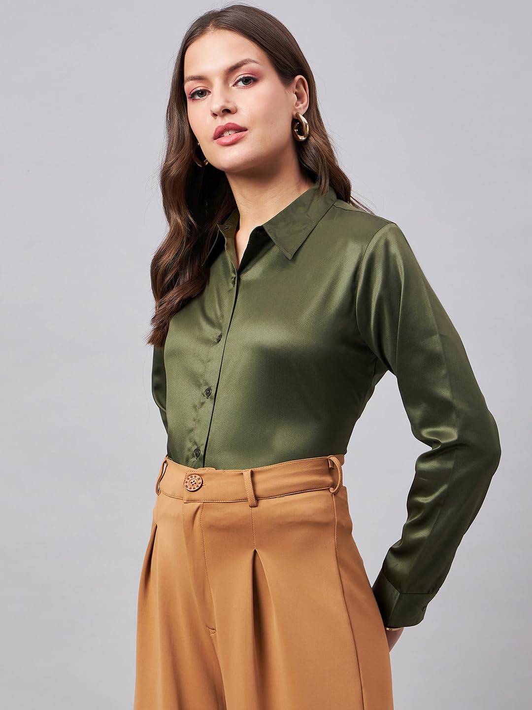 Style Quotient Women Olive Satin Formal Shirt - Image 4