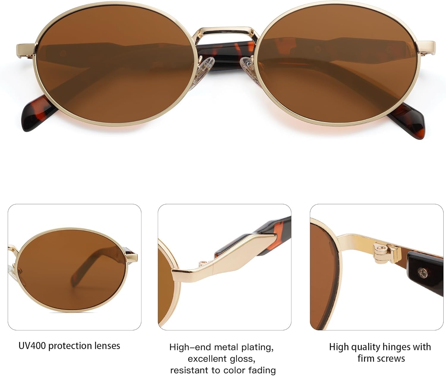 CREEK Unisex Retro Oval Sunglasses - Gold-Brown - Image 3