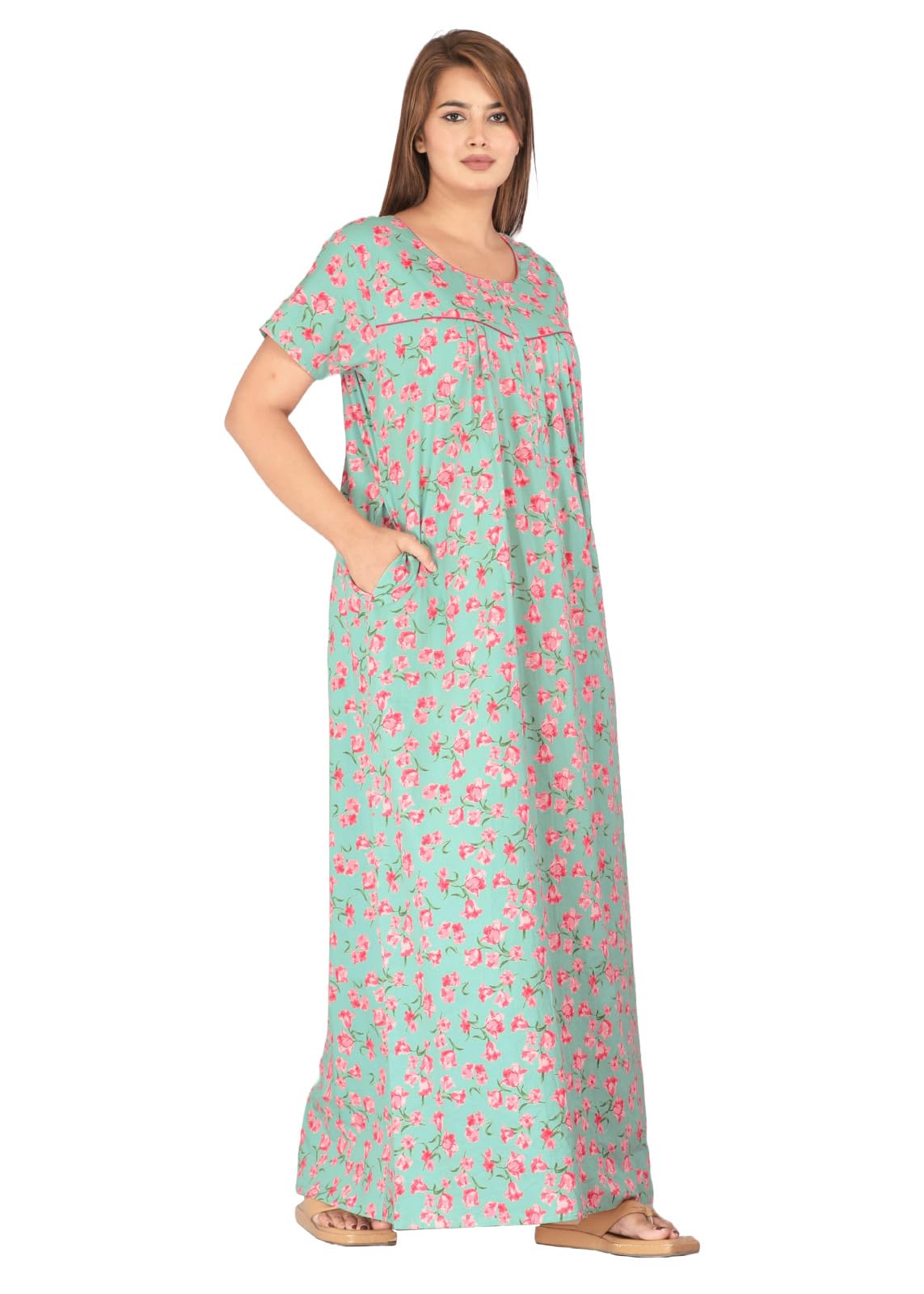 Urali Women's Printed Cotton Maxi Night Gown - Sea Green