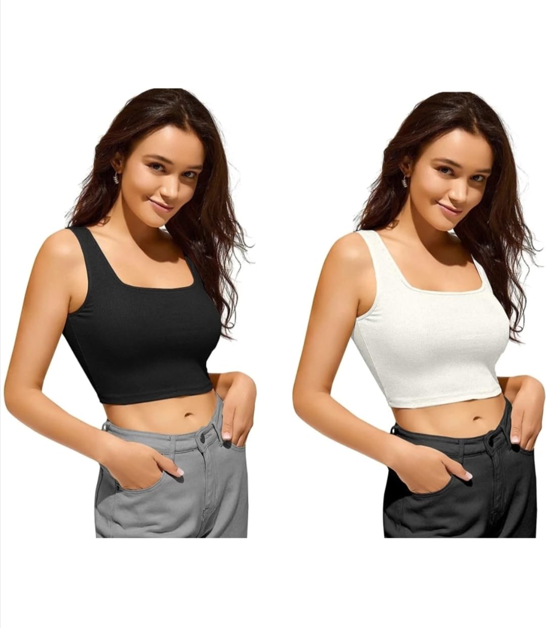 AKHIRAH Square Neck Crop Tank Top for Women - Black & White - Image 2