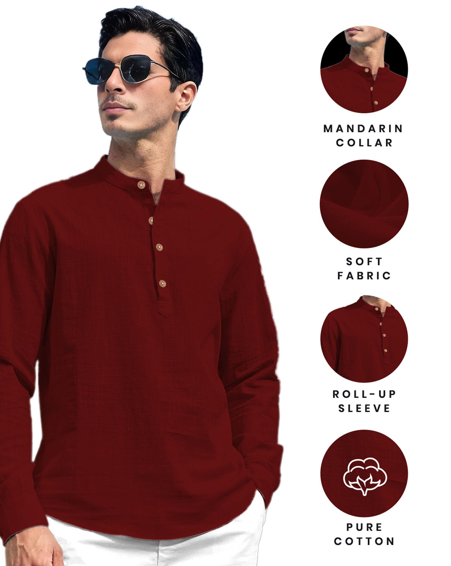 Vida Loca Men Solid Cotton Kurta Shirt - Maroon - Image 3