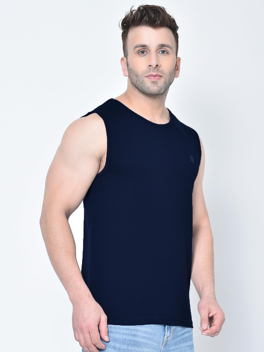 CHKOKKO Men's Navy Blue Cotton Sleeveless Tank Top - Image 5