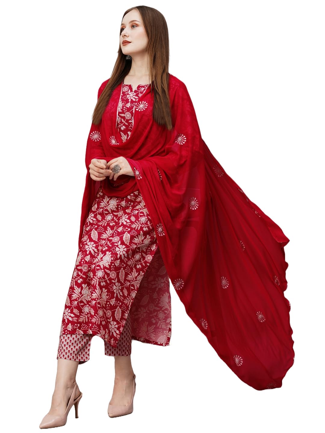 GoSriKi Women's Cotton Blend Kurta with Pant & Dupatta - Red