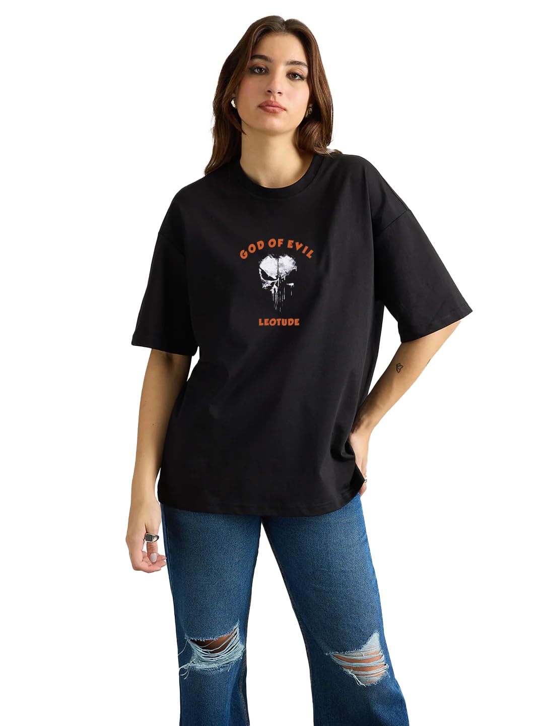 LEOTUDE Women's Half Sleeve Cotton T-Shirt - Black - Image 2