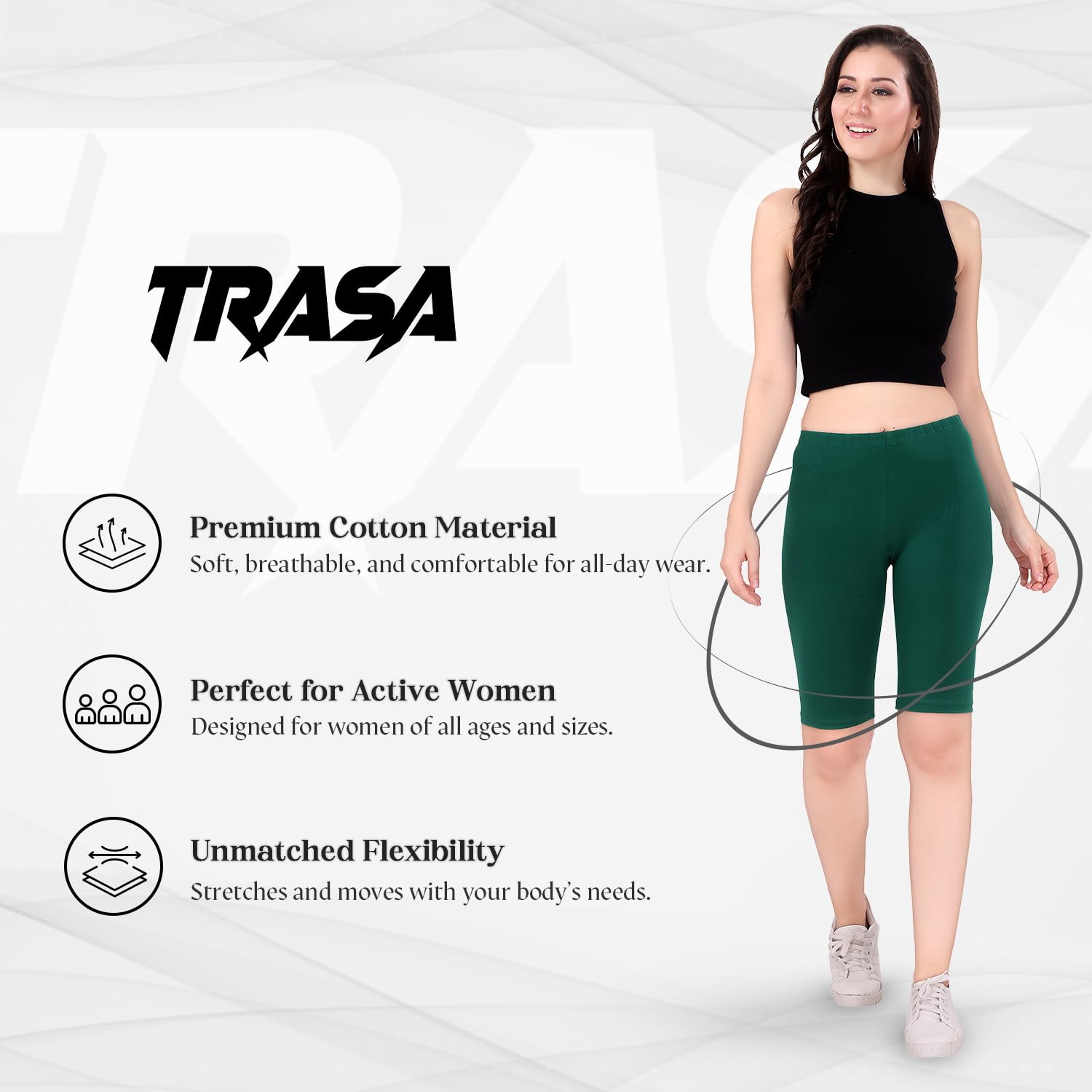 TRASA Women's Forest Green Biker Shorts - Image 2