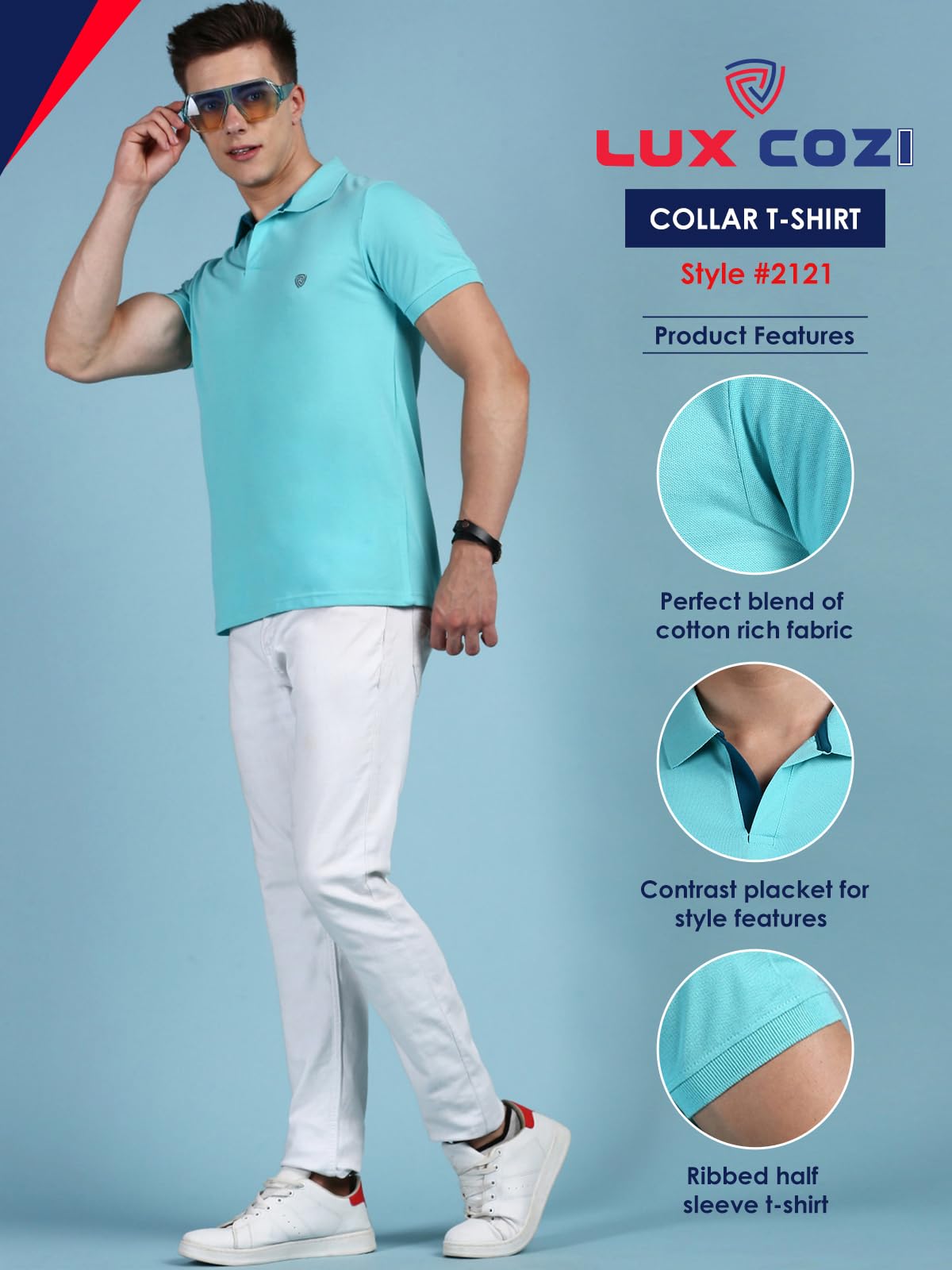 Lux Cozi Men's Polo Neck T-Shirt - Pool Blue - Image 2