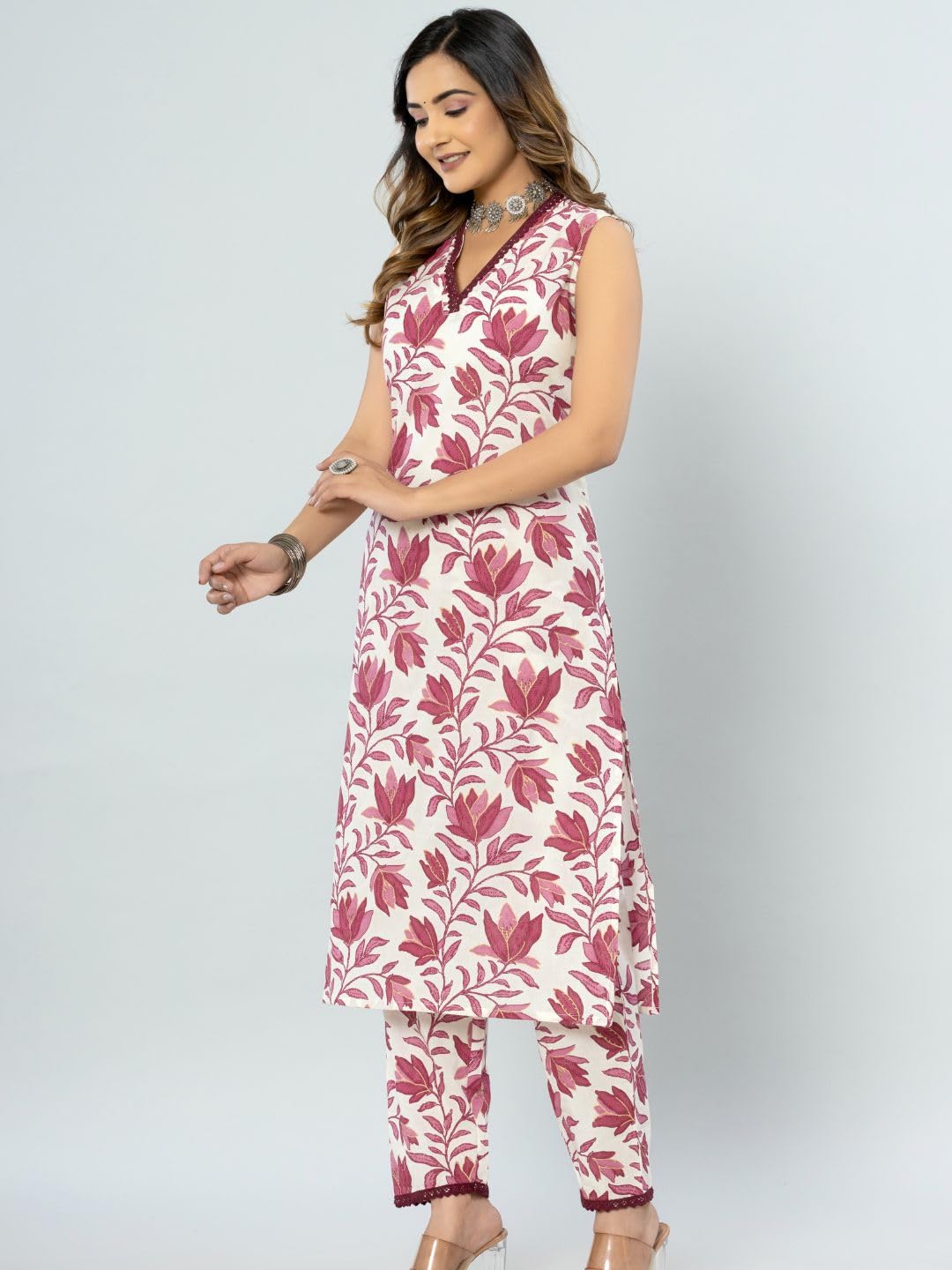 rytras Women's Cotton Printed Kurta and Pant Set - Maroon - Image 4