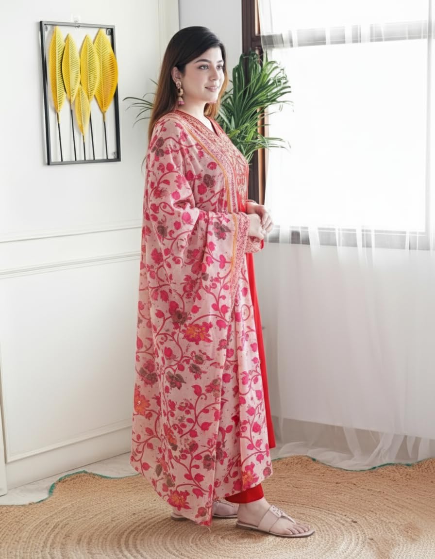 KLOSIA Red Embroidered Kurta Pant Set for Women - Image 4