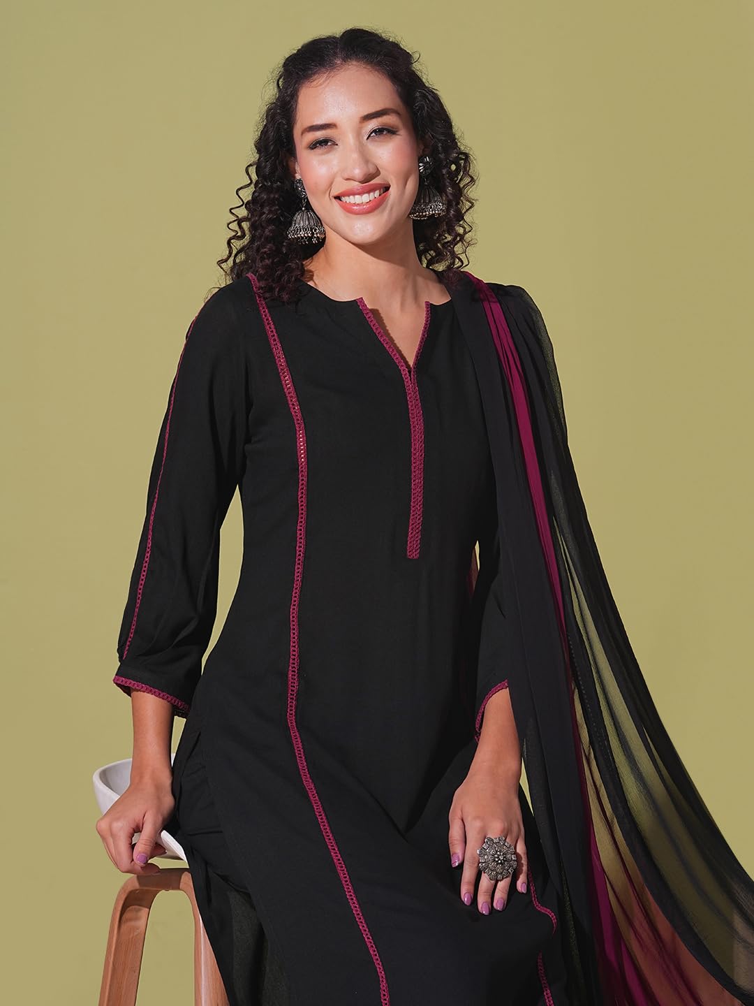 GoSriKi Women's Rayon Viscose Kurta with Pant & Dupatta - Black - Image 5