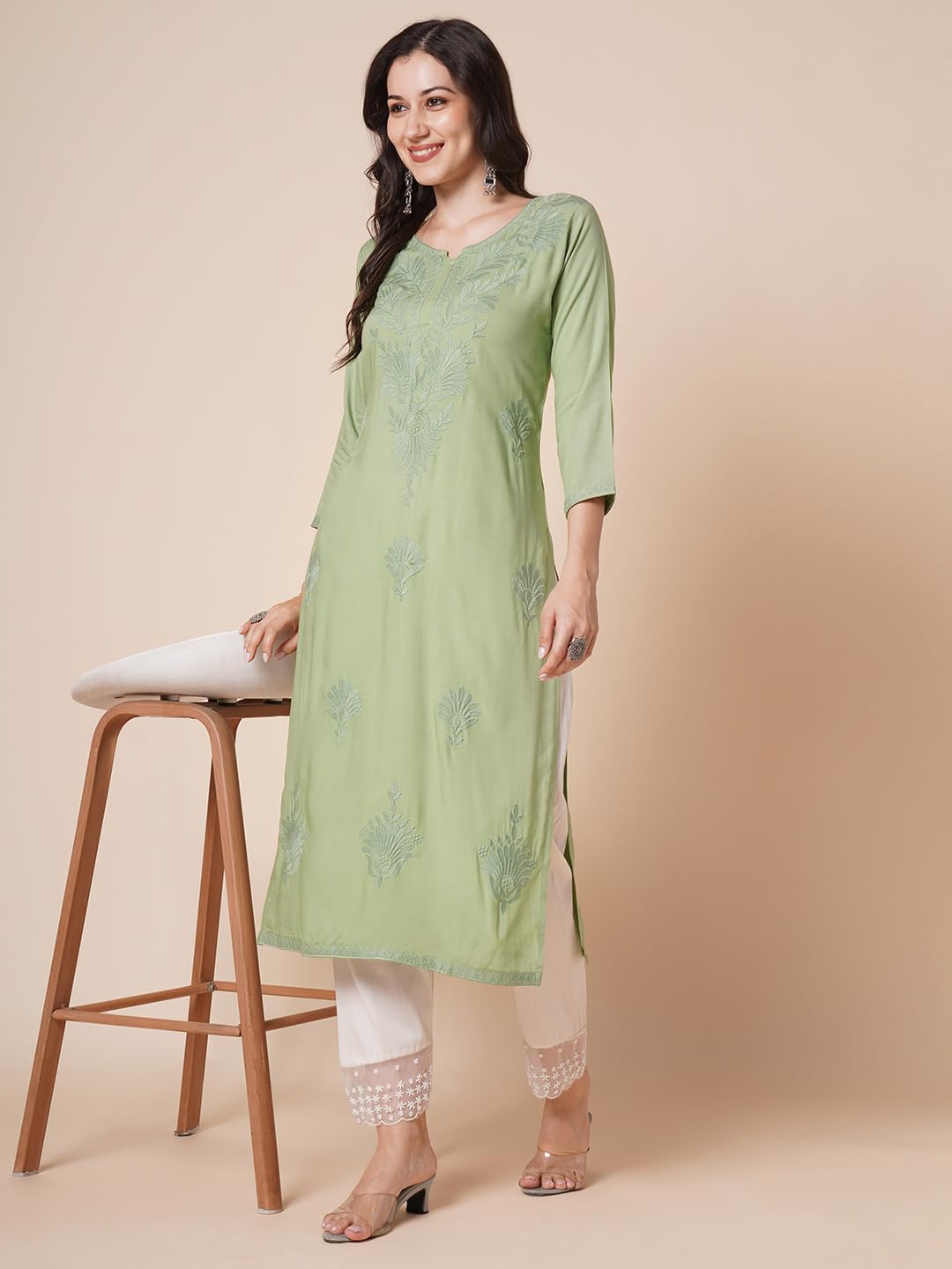 RATAN Women Chikankari Kurta - Dusty Green - Image 3