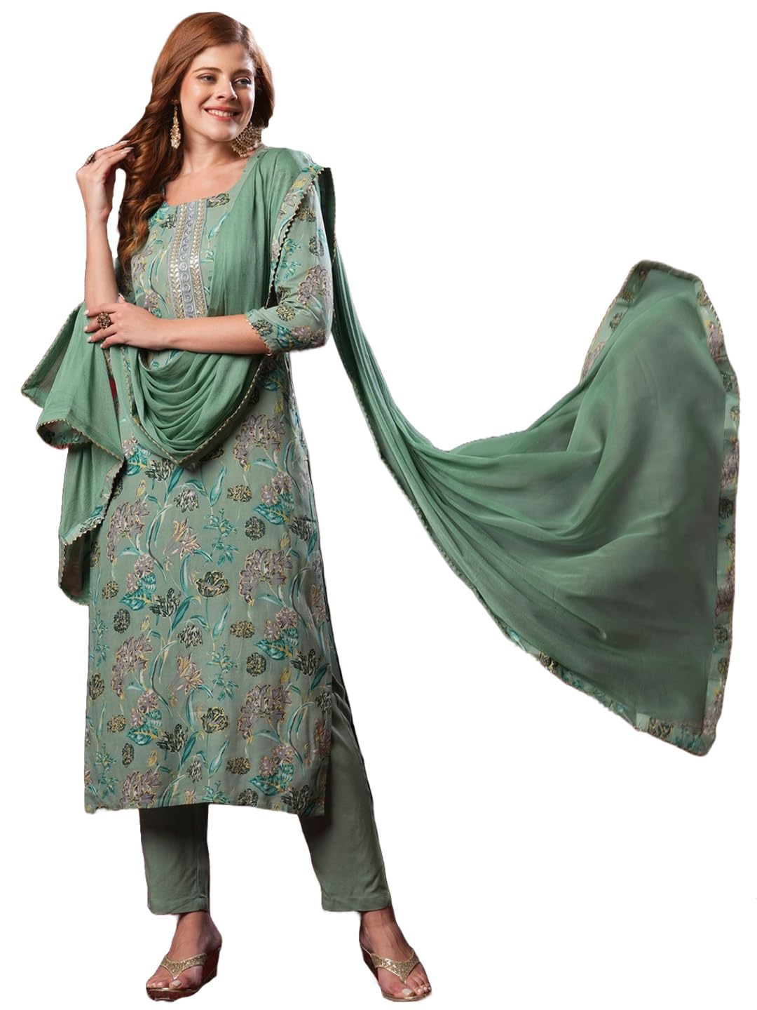 GoSriKi Women's Green Rayon Kurta Set