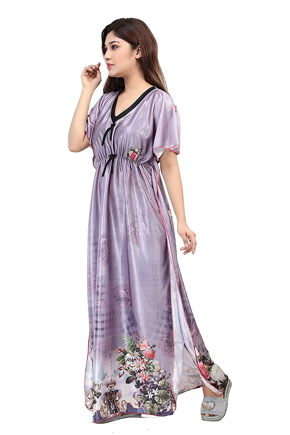 G4Girl Women's Silk Geometric Print Maxi Kaftan Night Gown - Maroon Grey - Image 5