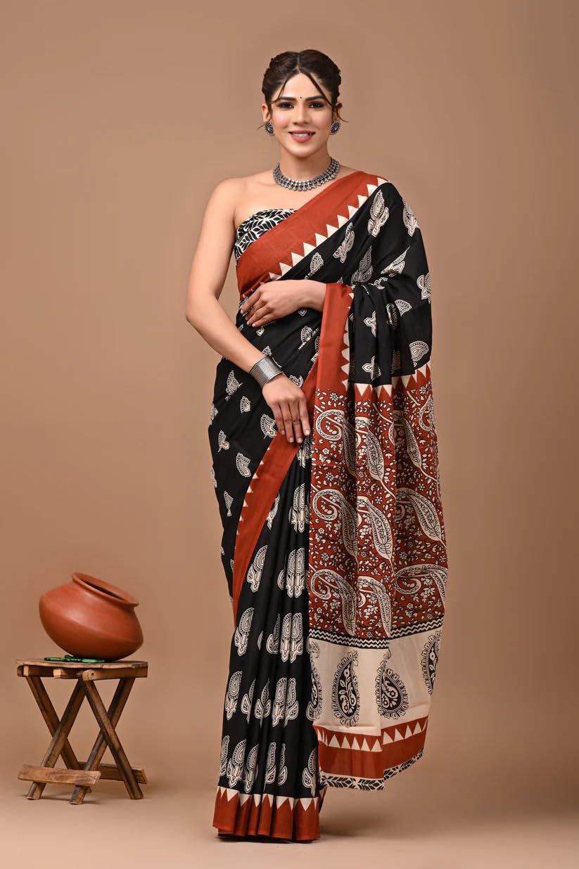 Crafts Moda Women's Pure Cotton Saree - Black, Brown - Image 5