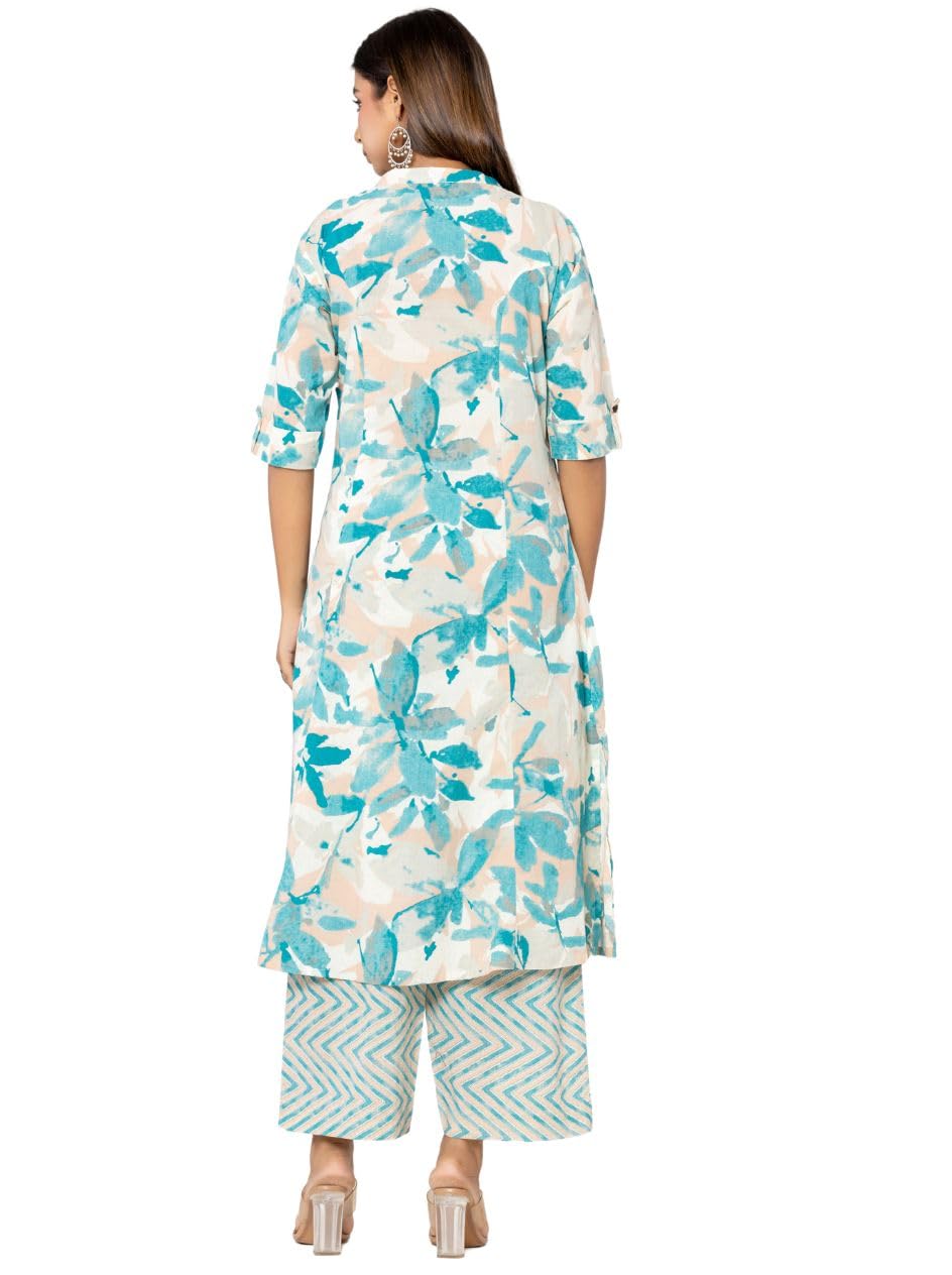 rytras Women's Cotton Printed A-Line Kurta Set - Blue - Image 2