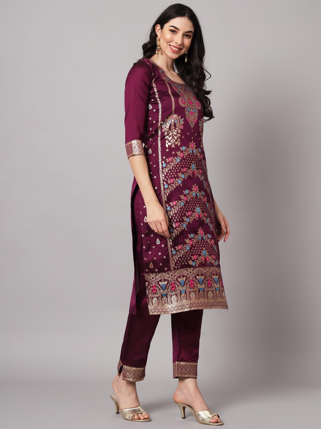 VredeVogel Women's Cotton Silk Kurta Pant with Dupatta - Purple - Image 5