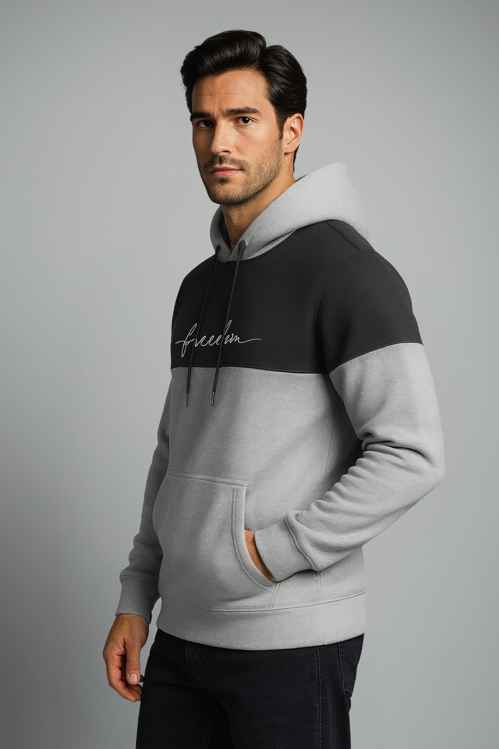 QUTUN Men's Color Block Hoodie Sweatshirt - Black Light Grey - Image 4