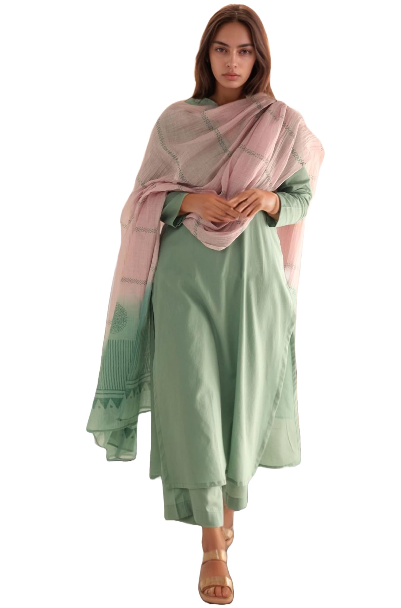 GoSriKi Women's Rayon Kurta with Pant & Dupatta - Pista