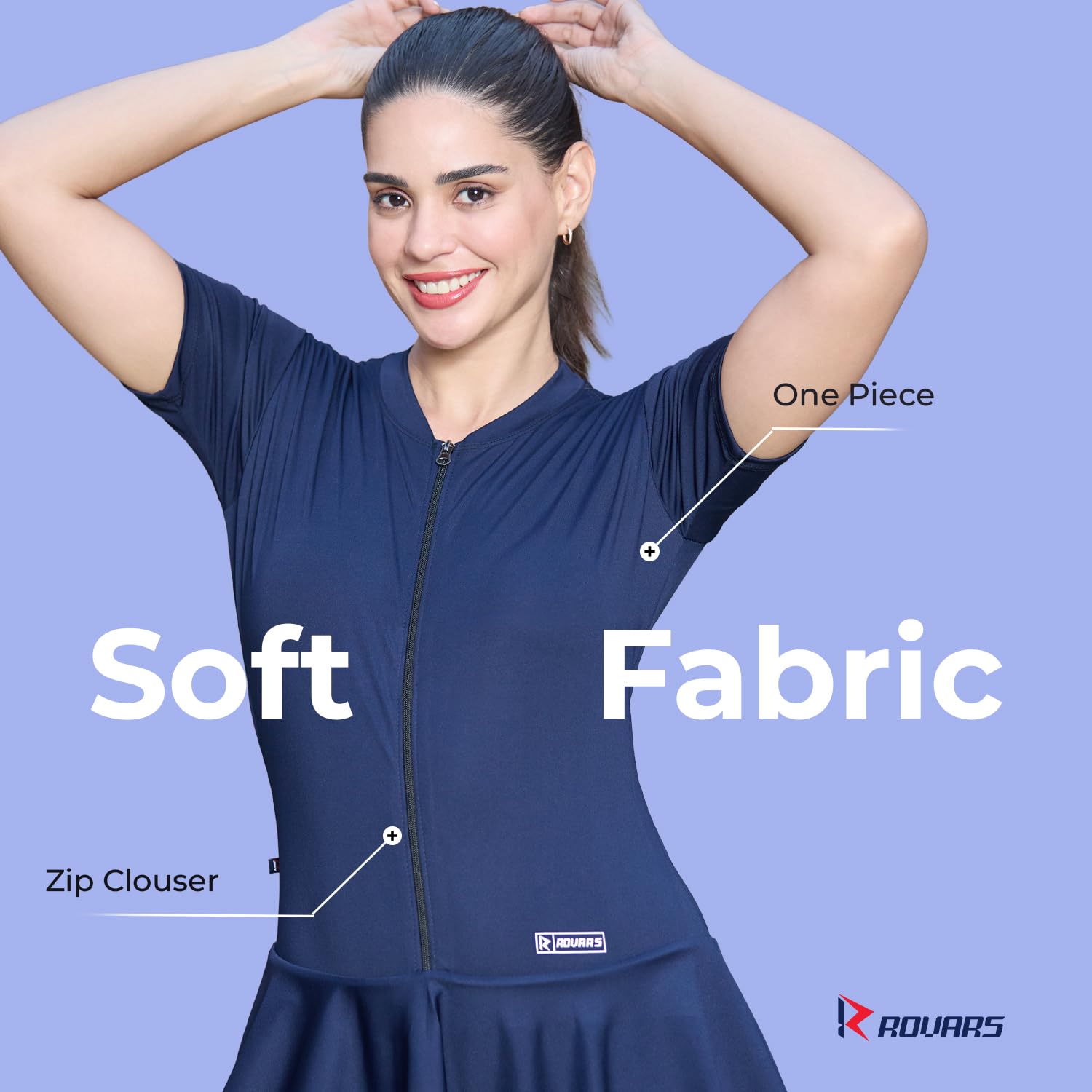 ROVARS Women Frock Style Swimming Costume - Navy Blue - Image 3