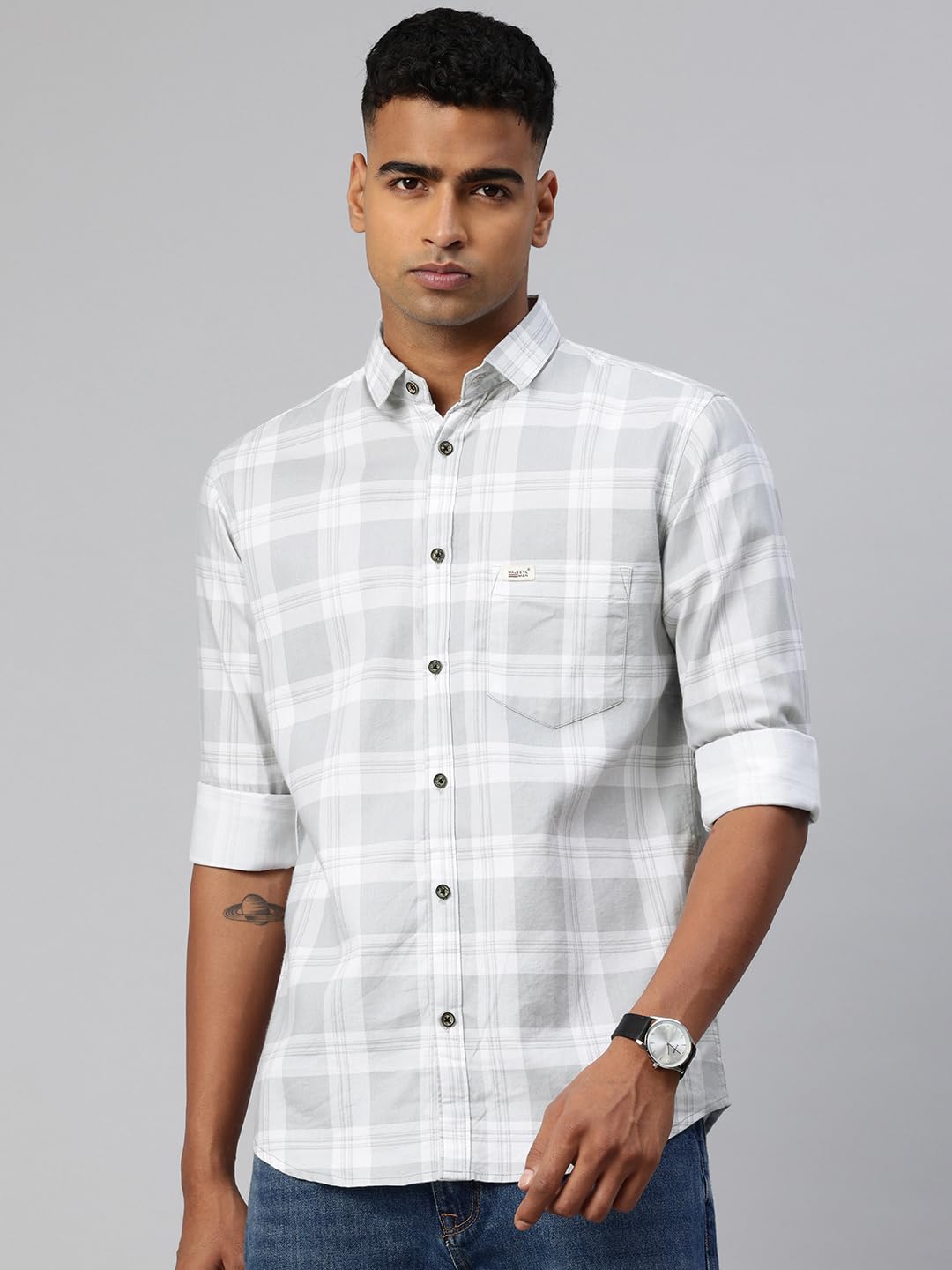 Majestic Man Checked Cotton Shirt for Men - Light Grey - Image 2