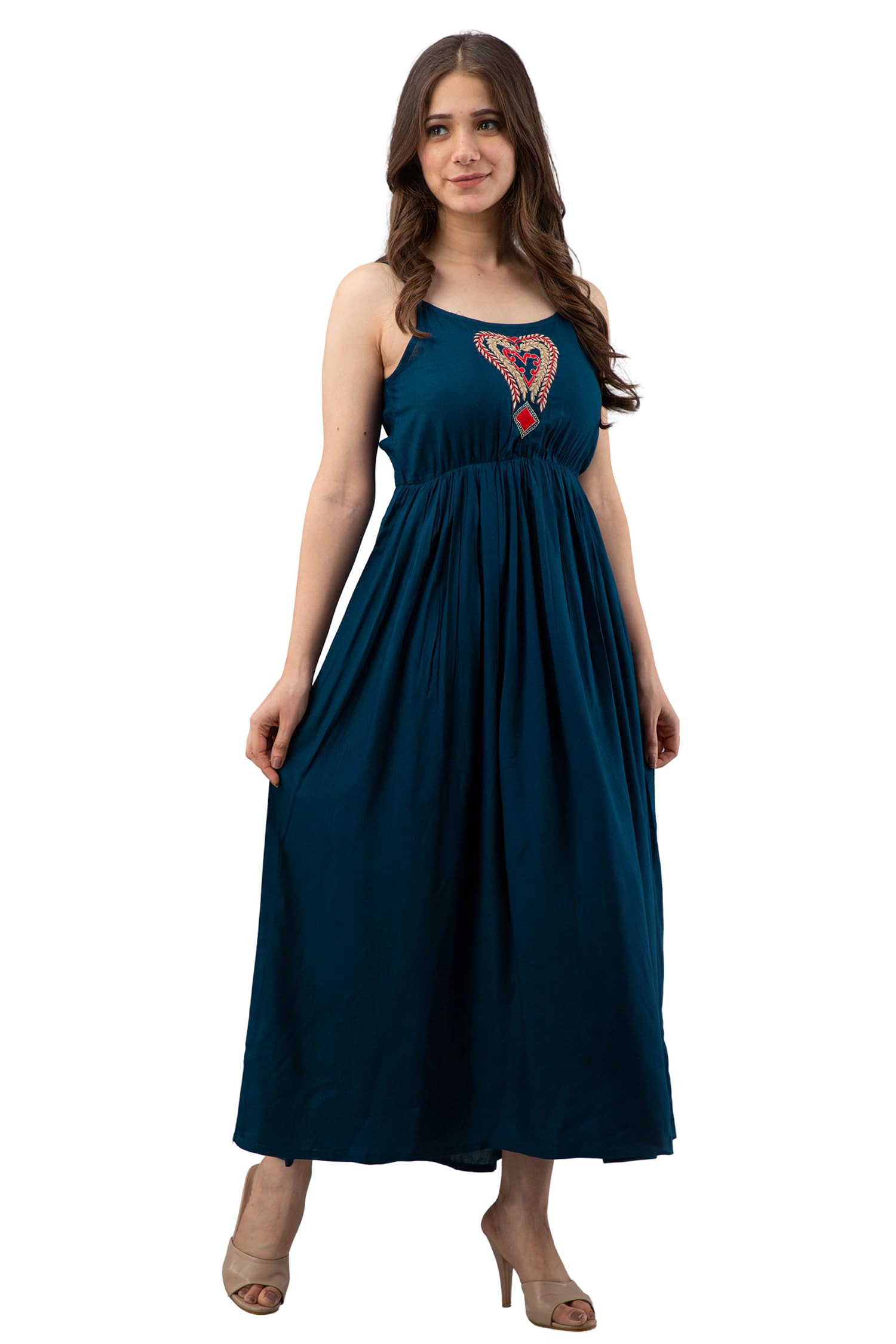 GarbGlide Women's Rayon Embroidered Anarkali Dress - Royal Blue