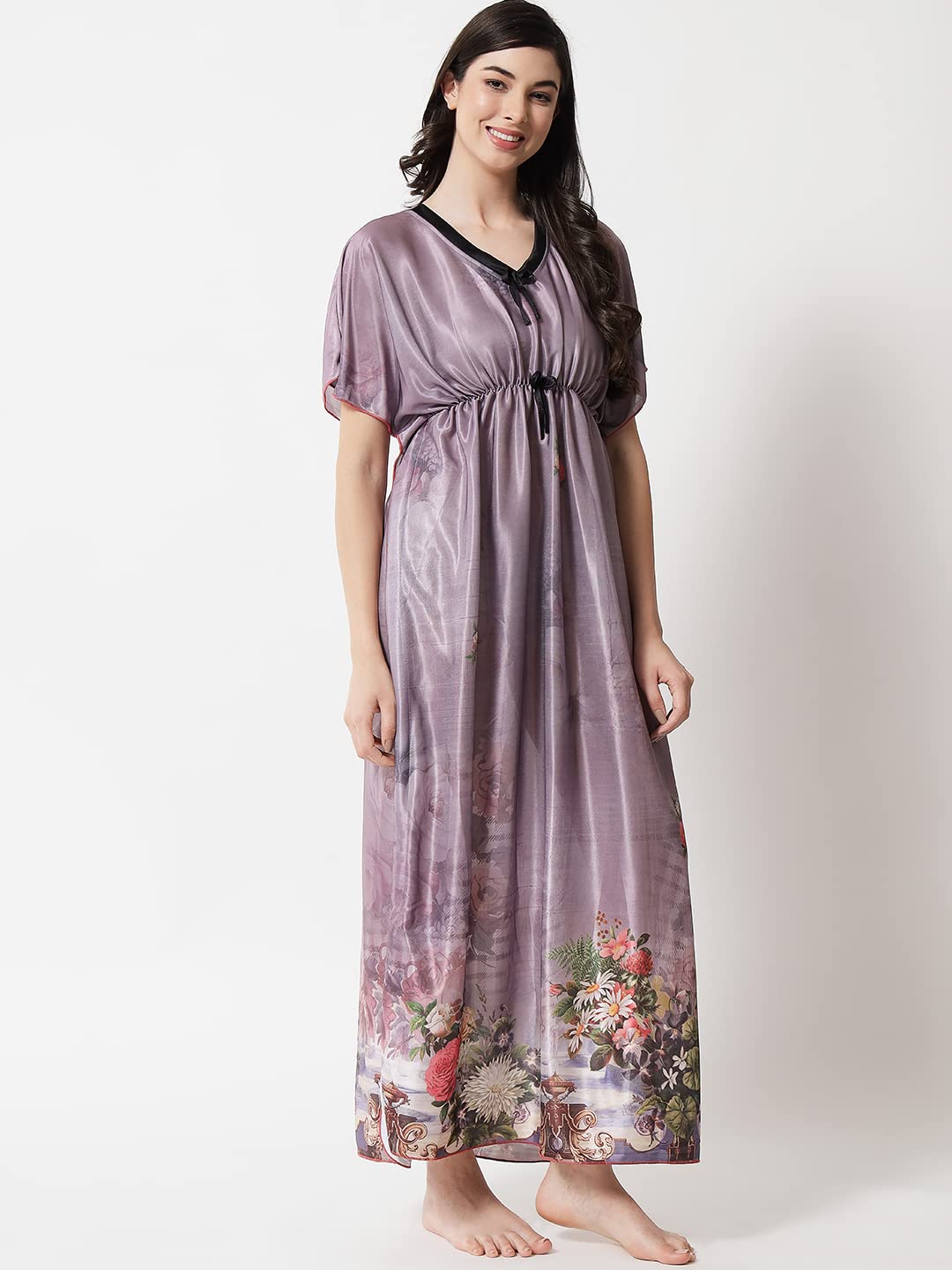 G4Girl Satin Silk Geometric Print Maxi Kaftan Nighty - Grey - Image 5