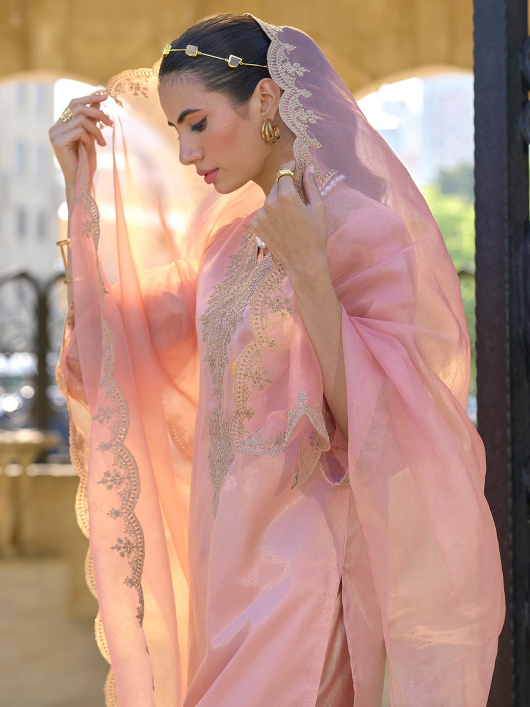 Peach Silk Blend Kurta Pant Dupatta Set for Women - Image 2