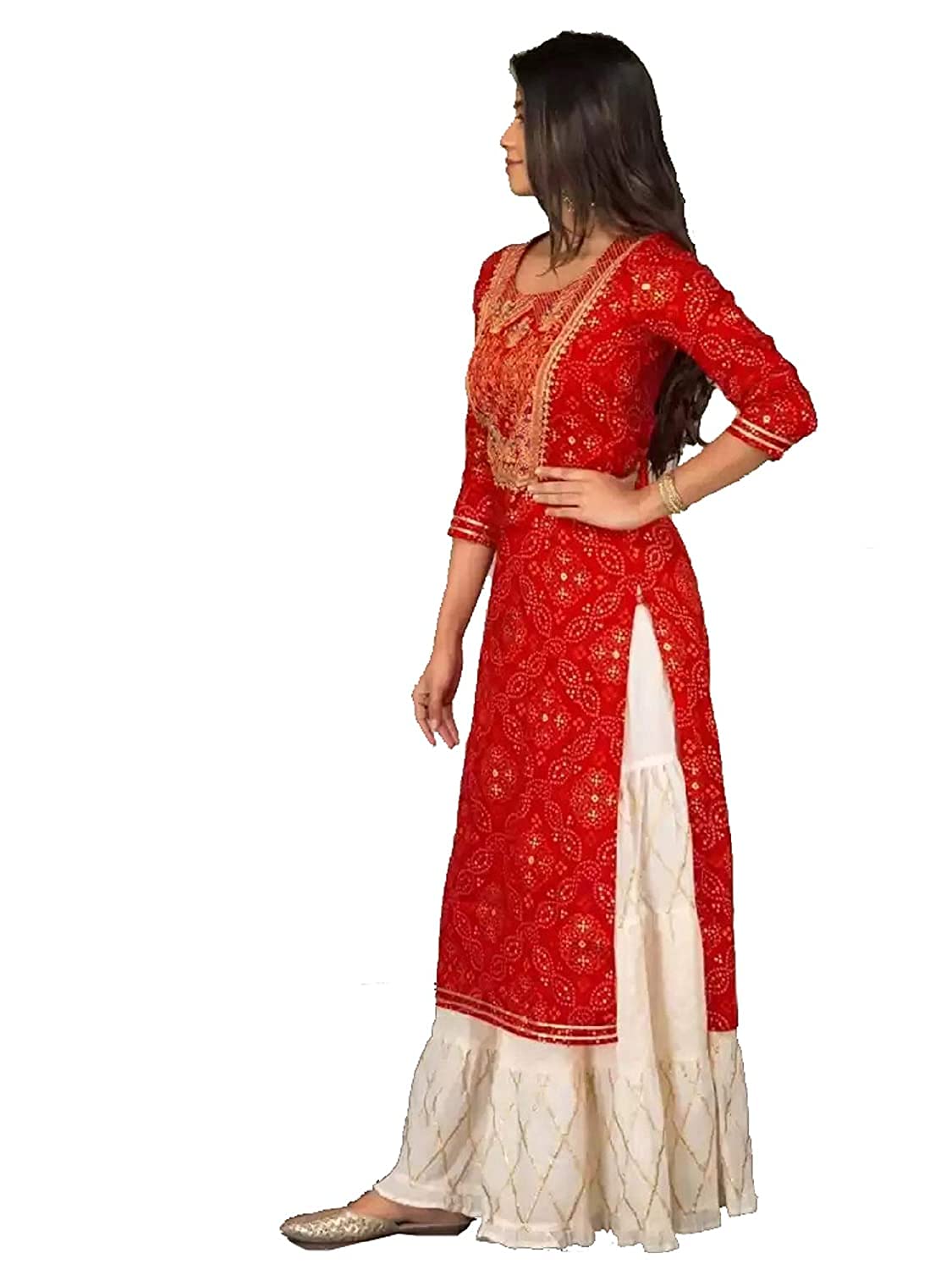 GarbGlide Women's Rayon Kurta with Palazzo - Golden Foil Printed Red - Image 3