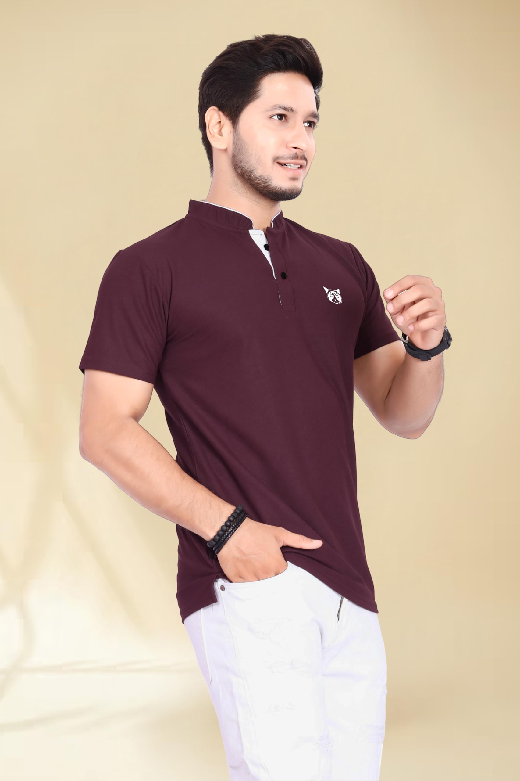 BAGHADBILLO Men's Mandarin Collar Polo T-Shirt - Wine - Image 4