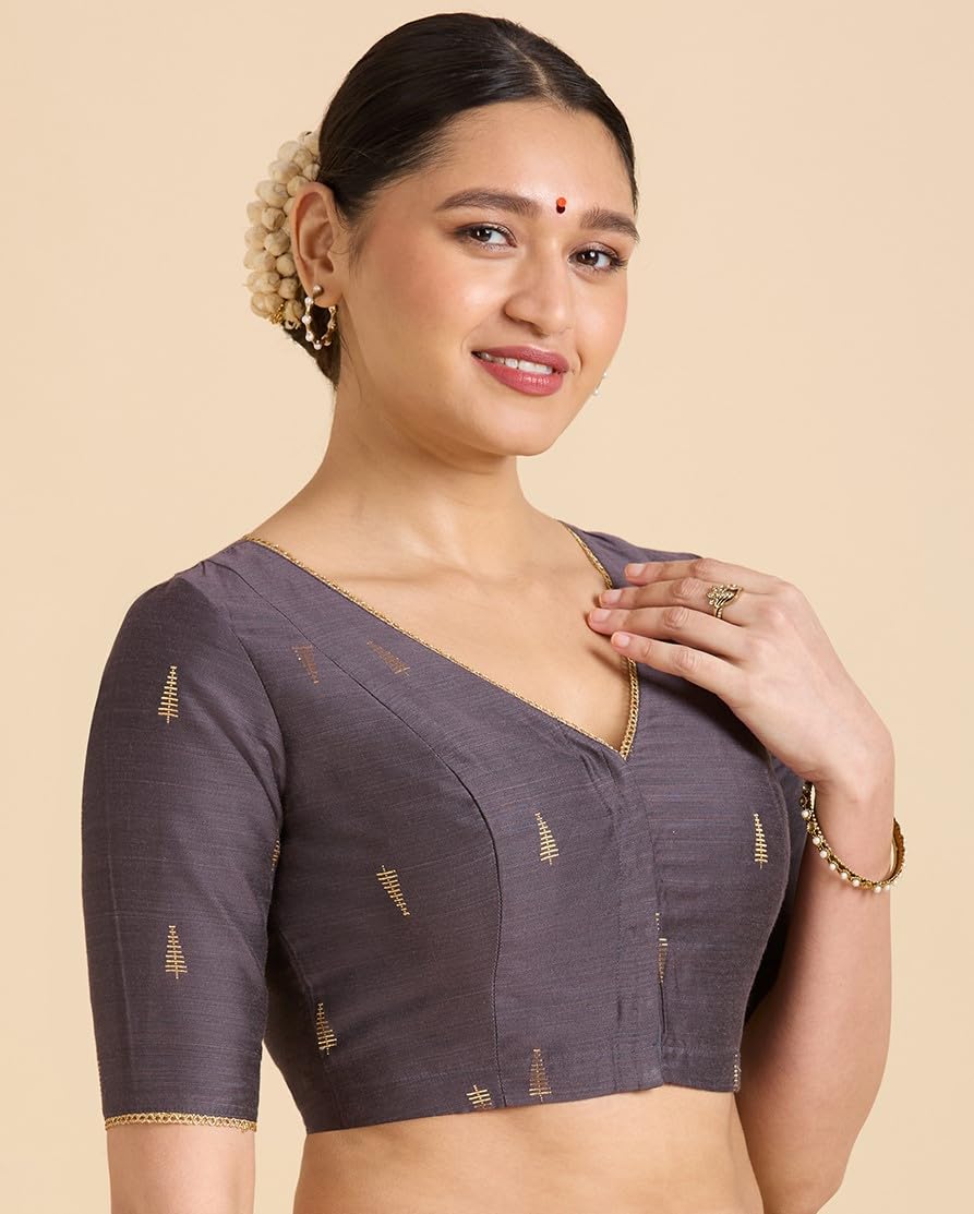 Studio Shringaar Women's Handloom Cotton Silk Saree Blouse - Grey - Image 4