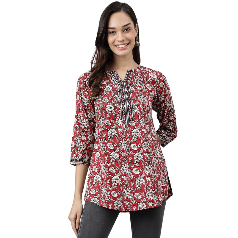Meesan Women's Cotton Printed Kurti - Red
