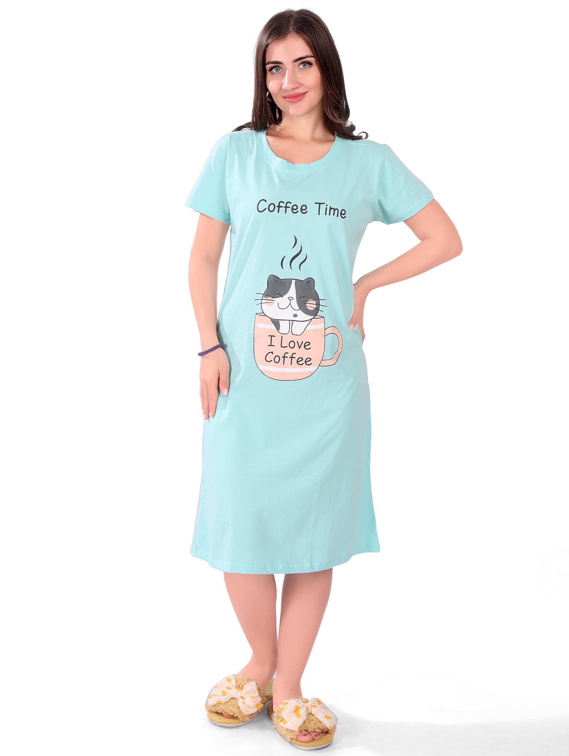 Slumberbe Printed Knee Length Night Dress for Women - Sky Blue