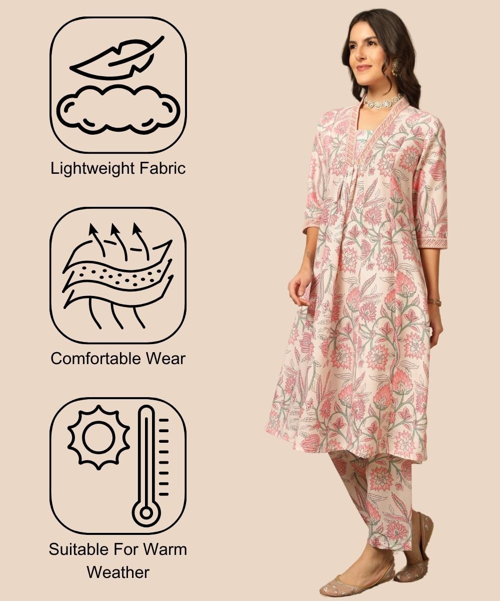 Off White Semi Cotton Floral Kurta Set for Women - Image 5