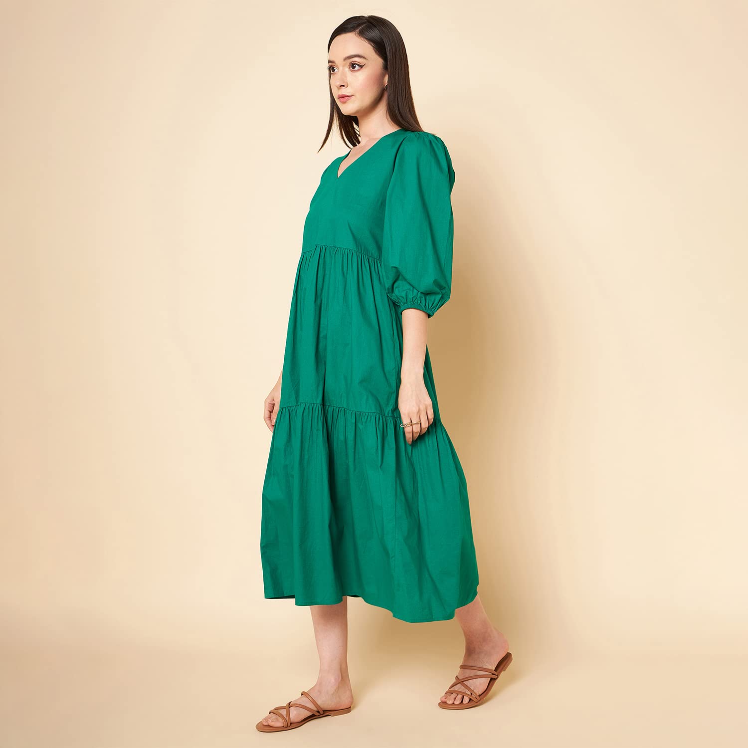 Green Cotton Pleated Maxi Dress for Women - Image 3
