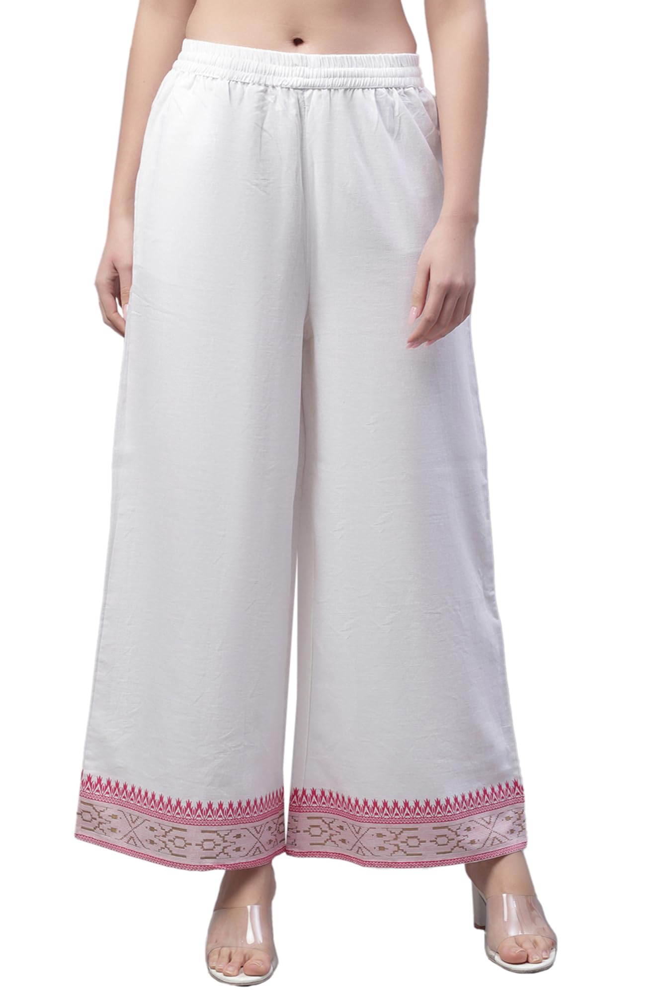 Pistaa Women Cotton Flair Printed Palazzo - White Pink