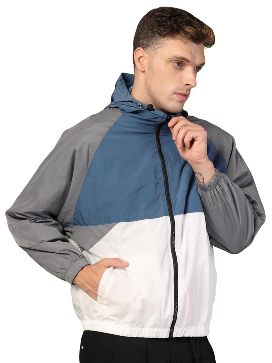 CHKOKKO Men's Oversized Windcheater Jacket - Blue White Grey