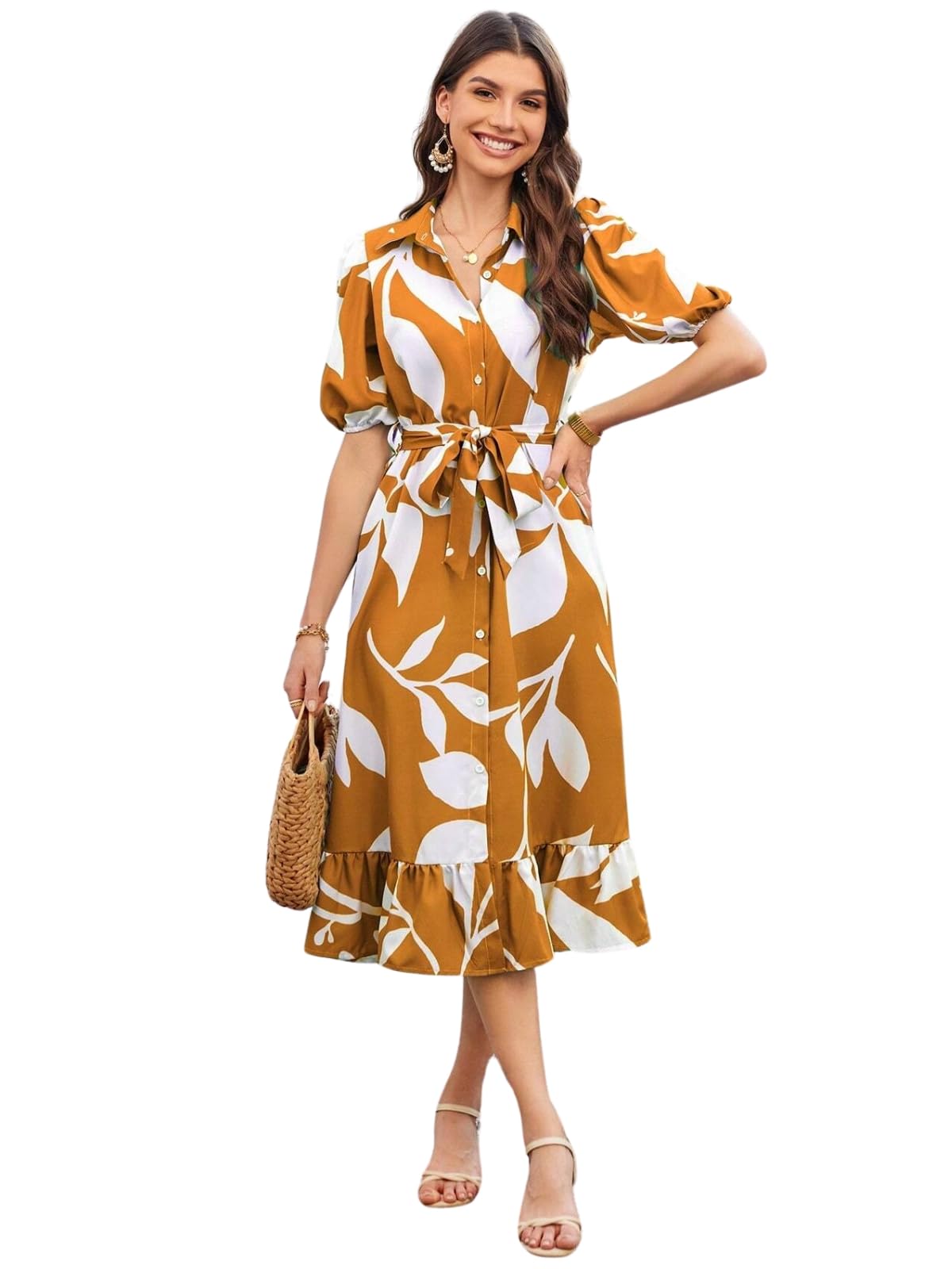 Yellow Floral Midi Dress for Women