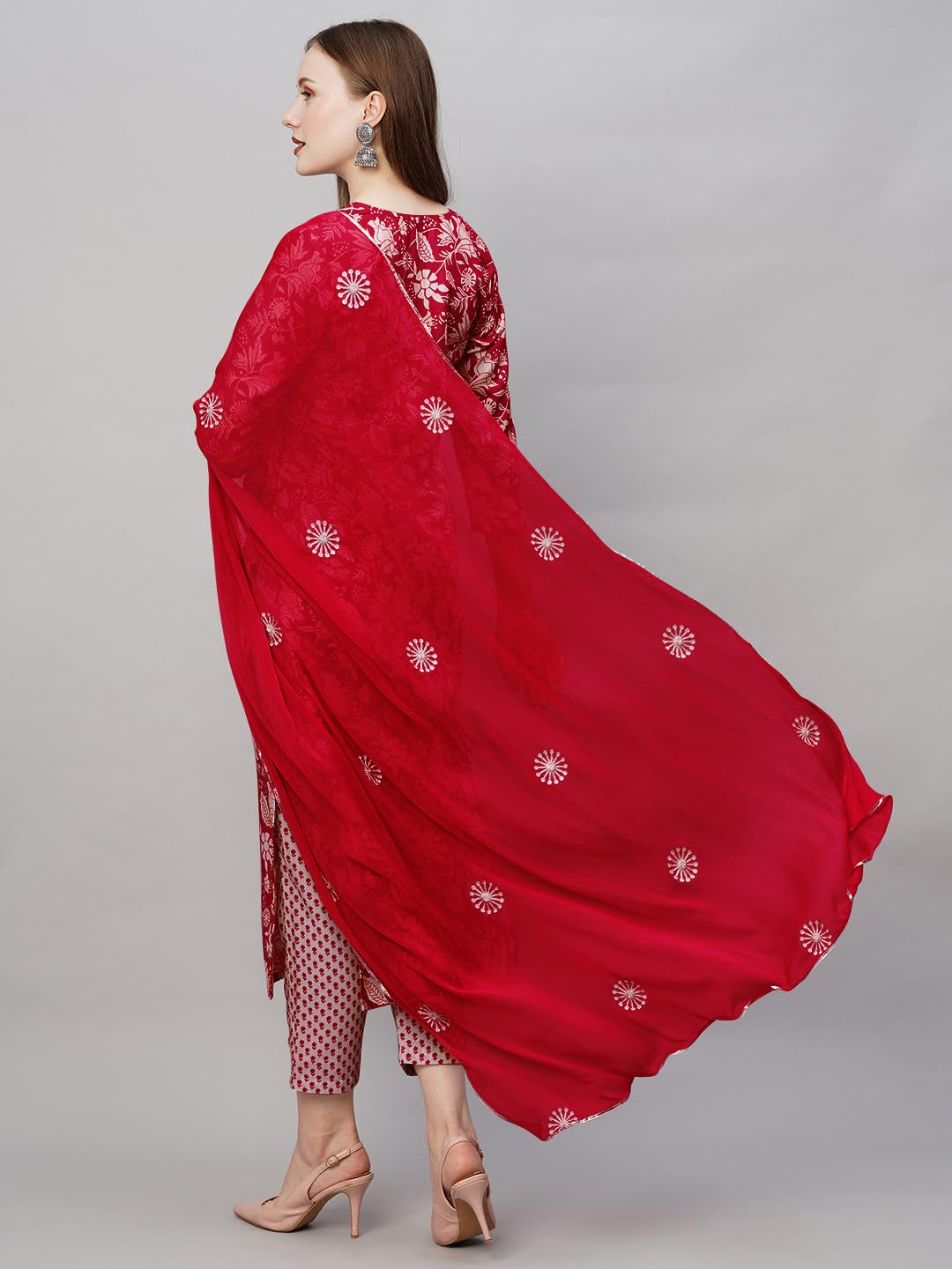 GoSriKi Women's Cotton Blend Kurta with Pant & Dupatta - Red - Image 2