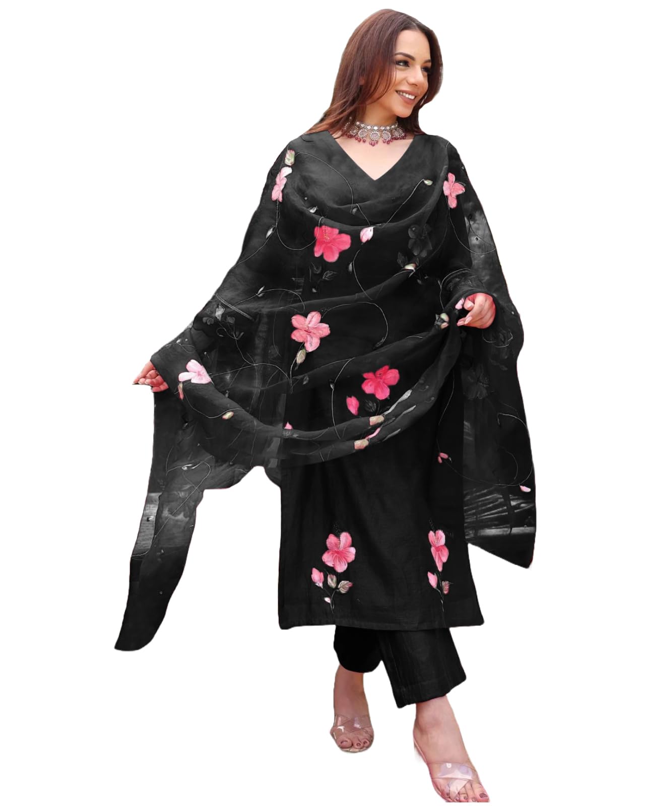 ANNI DESIGNER Black Rayon Blend Floral Kurta Set