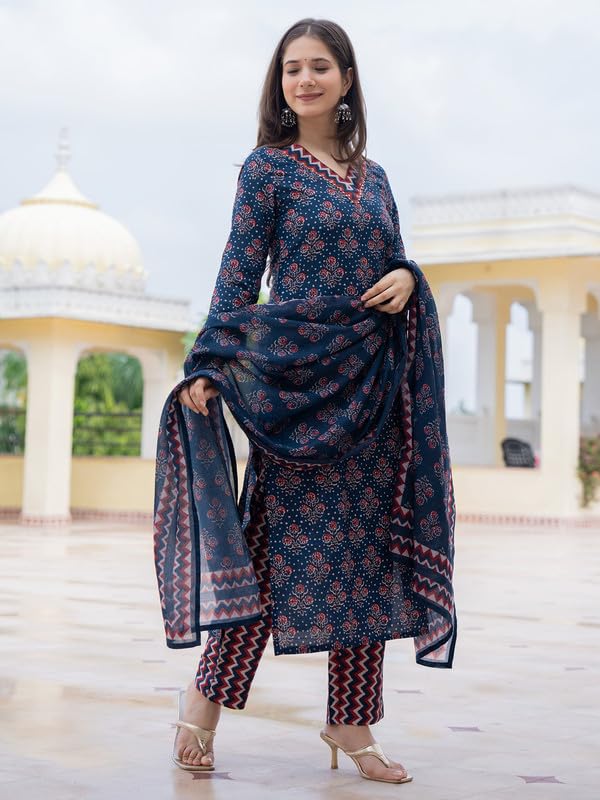 Vaamsi Women's Floral Kurta Pant Set - Navy Blue - Image 5