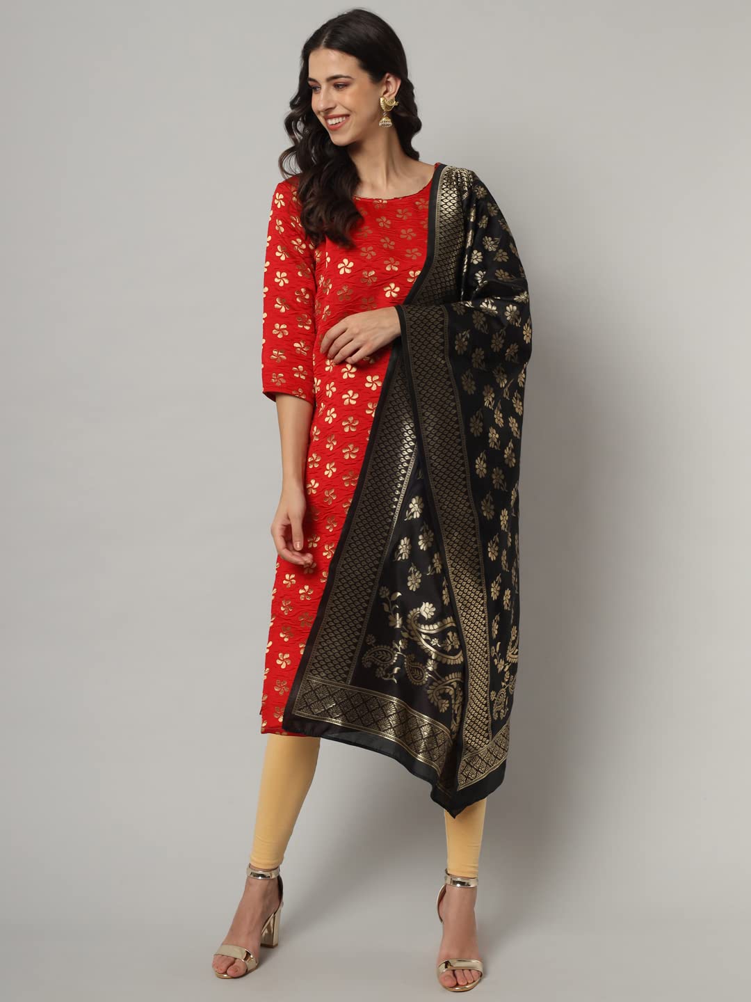 VredeVogel Silk Blend Kurta with Banarasi Dupatta - Red - Image 4