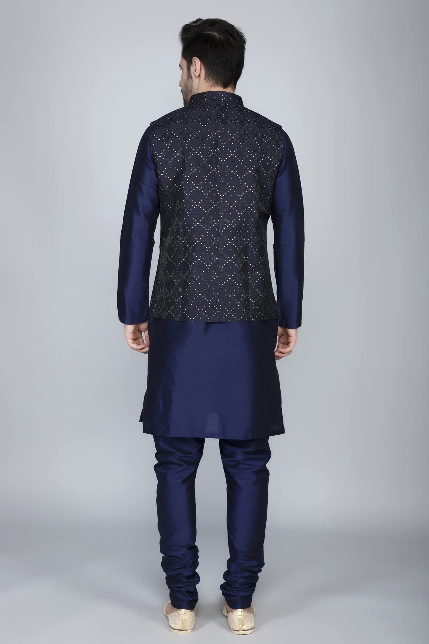 Ethluxis Men Silk Blend Kurta Pyjama Set - Navy - Image 4