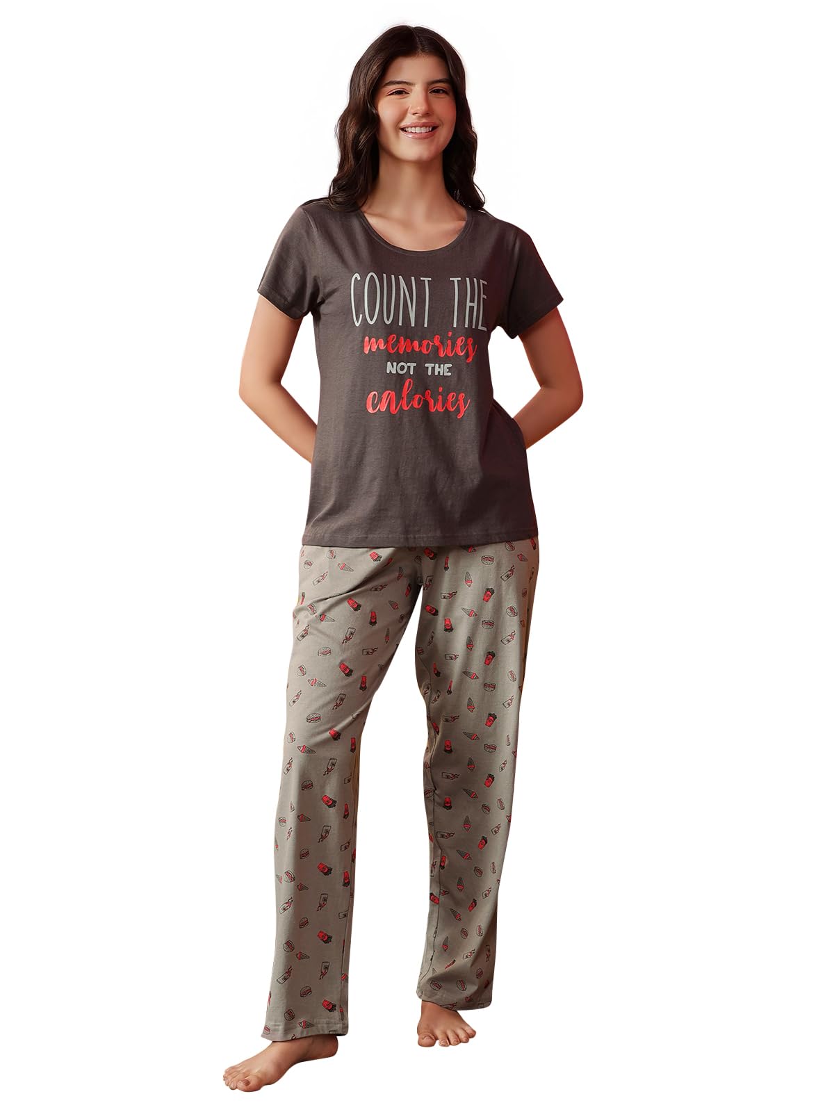 Clovia Women's Cotton Printed Top & Pyjama Set - Grey