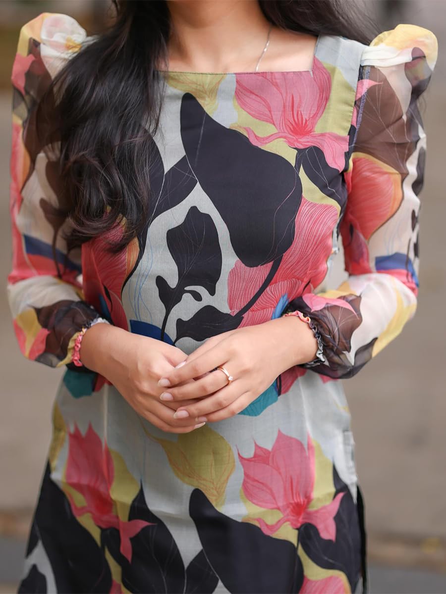 Black Organza Straight Kurti with Floral Print - Image 4